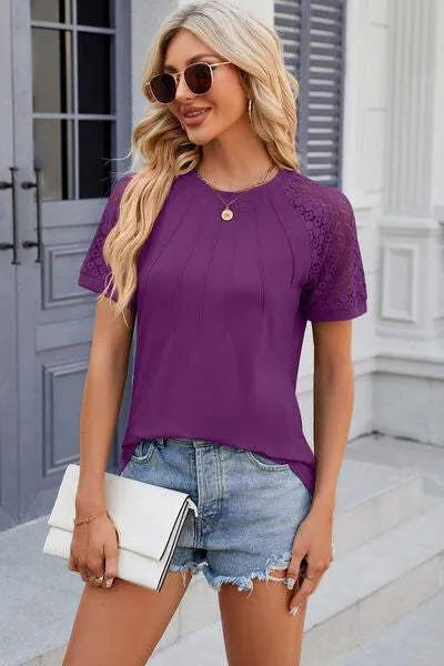 Openwork Round Neck Short Sleeve T-Shirt Women's T-Shirts - Tophatter Daily Deals